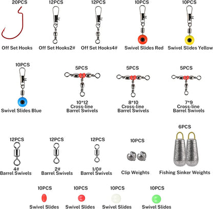 Fishing Tackle Set 180Pcs, Fishing Accessories Set with Tackle Box Including Barrel Swivels，Off Set Hooks，Swivel Slides，Cross-Line Barrel Swivels