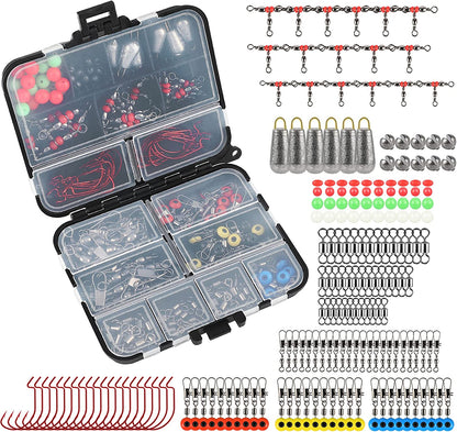 Fishing Tackle Set 180Pcs, Fishing Accessories Set with Tackle Box Including Barrel Swivels，Off Set Hooks，Swivel Slides，Cross-Line Barrel Swivels