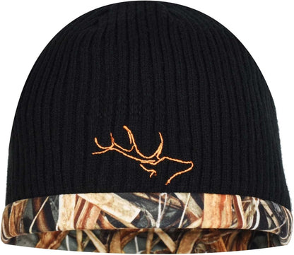 Waterproof and Windproof Reversible Camo Beanie - Timber and Blaze Orange Camo Hunting Hat