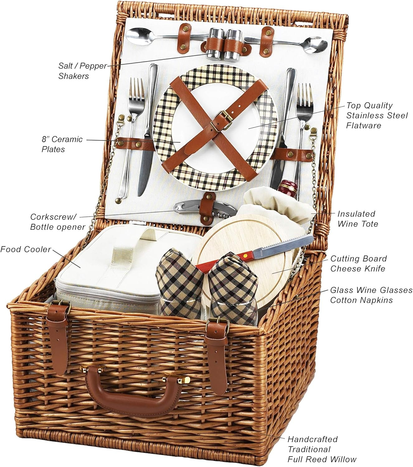 Cheshire English-Style Willow Picnic Basket with Service for 2 - London Plaid