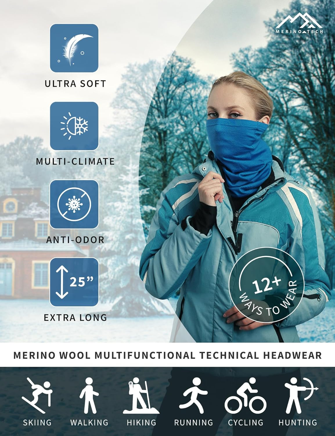 Merino Wool Ski Neck Gaiter - Face Mask Neck Warmer for Men & Women