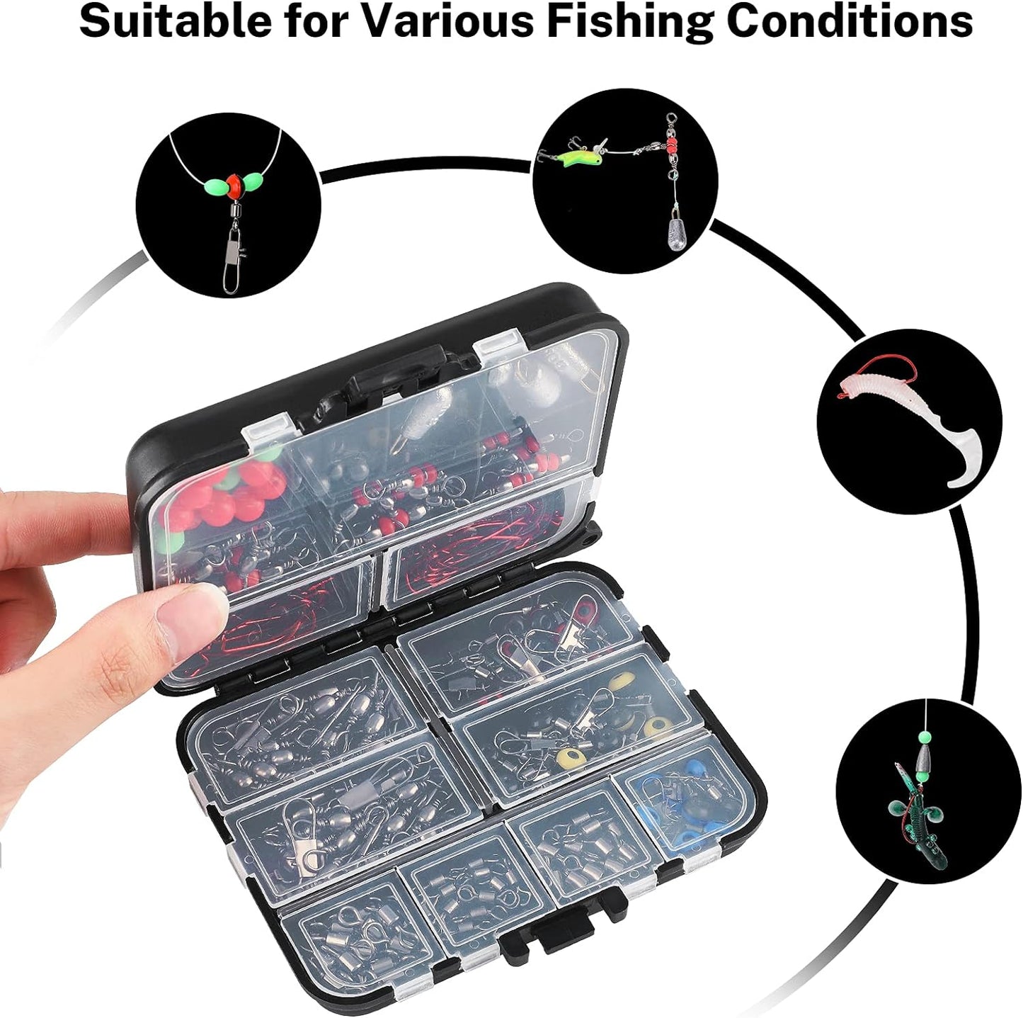 Fishing Tackle Set 180Pcs, Fishing Accessories Set with Tackle Box Including Barrel Swivels，Off Set Hooks，Swivel Slides，Cross-Line Barrel Swivels