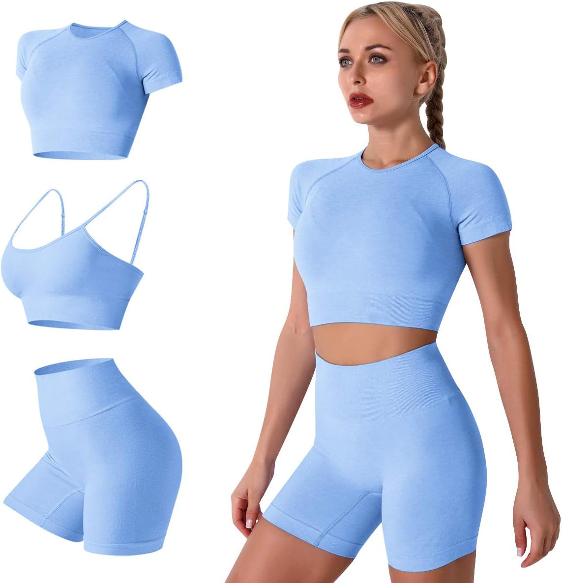 Women Seamless Yoga Outfits 2 Piece Workout Short Sleeve Crop Top with High Waisted Running Shorts Sets Activewear