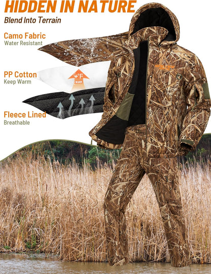 Insulated Hunting Clothes for Men Cold Weather, Warm Camo Hunting Jacket and Pants, Hunting Suit for Deer Duck Hunts