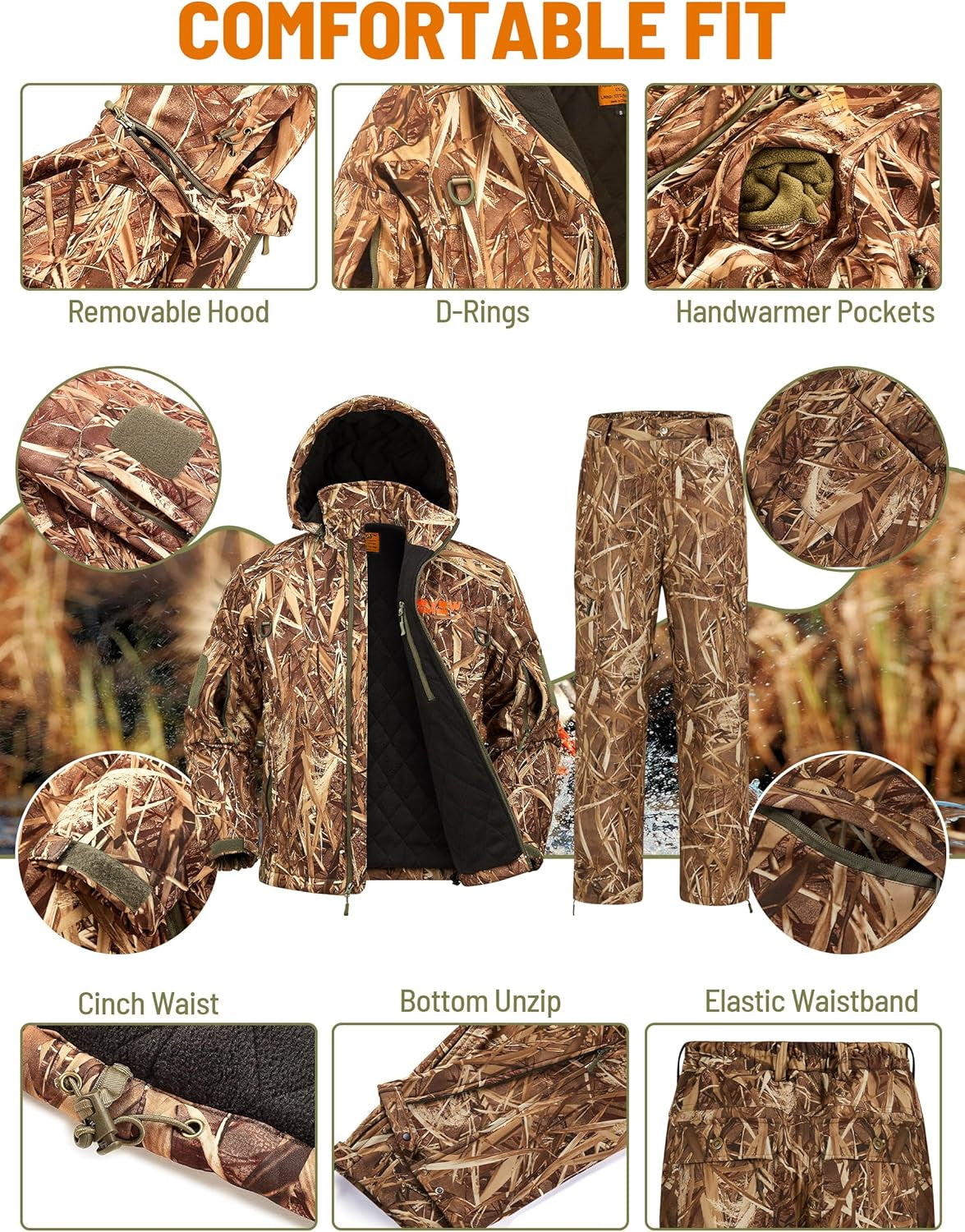 Insulated Hunting Clothes for Men Cold Weather, Warm Camo Hunting Jacket and Pants, Hunting Suit for Deer Duck Hunts