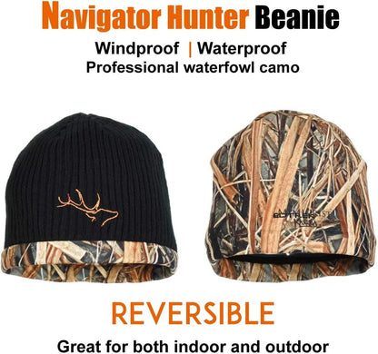 Waterproof and Windproof Reversible Camo Beanie - Timber and Blaze Orange Camo Hunting Hat